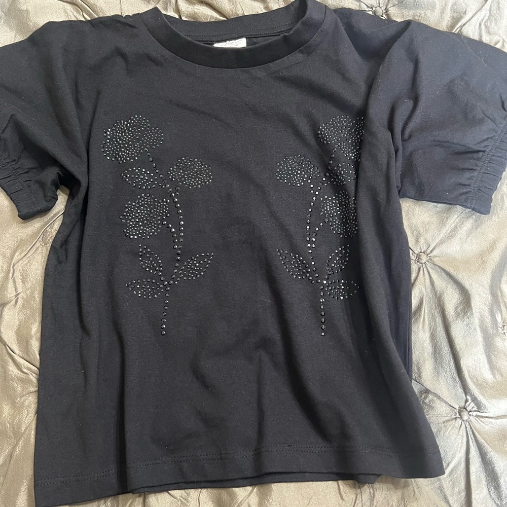 NWOT Girls' Black Short Sleeve Tee with Studded Floral Detail